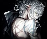  1boy bandaged_hand bandages edmond_dantes_(fate) fate/grand_order fate_(series) from_behind highres koshika_rina long_hair male_focus profile scar scar_on_back scar_on_neck shoulder_tattoo silver_hair solo tattoo wavy_hair white_hair yellow_eyes 