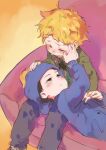  2boys be_(ronironibebe) black_hair blonde_hair blue_jacket blush chullo closed_eyes couple craig_tucker green_shirt hat jacket messy_hair multiple_boys shirt short_hair sitting sitting_on_lap sitting_on_person south_park tweek_tweak yaoi 