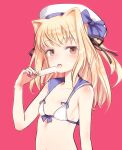  1girl animal_ears bangs bare_shoulders bikini bikini_top blonde_hair blue_bow blush bow breasts brown_eyes cat_ears collarbone commentary_request eating eyebrows_visible_through_hair food front-tie_bikini front-tie_top hand_up hat long_hair looking_at_viewer original pink_background popsicle sailor_collar shimada_fumikane simple_background small_breasts solo swimsuit tongue tongue_out upper_body white_bikini white_headwear 