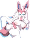  anthro blue_eyes blush breasts chubby_female eeveelution female fluffy fluffy_tail fur genitals hi_res mellonsoda multicolored_body multicolored_fur nintendo nipples open_mouth open_smile pink_body pink_fur pok&eacute;mon pok&eacute;mon_(species) pussy simple_background smile solo sylveon tongue video_games white_background white_body white_fur 