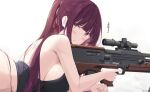  1girl :/ artist_name back bangs blunt_bangs blush breasts bullpup closed_mouth covered_nipples from_side girls&#039;_frontline gun highres holding holding_gun holding_weapon jewelry keenh large_breasts long_hair looking_at_viewer looking_to_the_side lying on_stomach ponytail purple_eyes purple_hair rifle ring scope sideboob simple_background sniper_rifle solo trigger_discipline tsundere upper_body v-shaped_eyebrows wa2000_(girls&#039;_frontline) walther walther_wa_2000 weapon white_background 