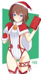  1girl artist_name bangs bell blue_eyes blush brown_hair capelet christmas closed_mouth commentary_request cowboy_shot frown gift gloves half-closed_eyes hat hibun_tsukasa highres holding holding_gift holding_sack leotard looking_at_viewer lyrical_nanoha mahou_shoujo_lyrical_nanoha_innocent neck_bell over_shoulder partial_commentary red_capelet red_gloves red_headwear sack santa_costume santa_gloves santa_hat santa_leotard short_hair signature single_glove solo standing stern_starks thigh_gap thigh_strap thighhighs white_legwear white_leotard 