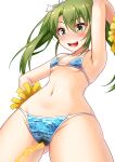  1girl bangs bikini blush green_eyes green_hair hair_ribbon highres hinagiku-19 kantai_collection long_hair navel pee peeing pom_pom_(cheerleading) ribbon simple_background solo sweat swimsuit twintails zuikaku_(kancolle) 