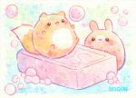  :3 :d animal animal_focus artist_name bisquii bubble bunny chibi commentary fox legs_up no_humans open_mouth original painting_(medium) playing sitting smile sparkle traditional_media watercolor_(medium) 