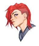  1boy arcane:_league_of_legends bangs blue_eyes character_name ear_piercing freckles from_side head highres league_of_legends lepo looking_up nose_piercing parted_lips piercing red_hair shiny shiny_hair sidecut solo teeth vi_(league_of_legends) 