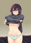  1girl absurdres alternate_costume black_hair black_sweater blue_panties breasts clothes_lift cowboy_shot highres jousanrou kantai_collection large_breasts lifted_by_self long_hair long_sleeves nagato_(kancolle) navel panties polka_dot polka_dot_panties red_eyes solo sweater sweater_lift underboob underwear undressing 