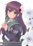  1girl black_jacket blush brown_hair cowboy_shot crescent crescent_pin eyebrows_visible_through_hair flower from_above from_below green_sailor_collar green_skirt hair_between_eyes jacket kantai_collection kisaragi_(kancolle) lily_(flower) long_hair long_sleeves looking_at_viewer looking_up minakami_mimimi purple_eyes remodel_(kantai_collection) ribbon sailor_collar school_uniform serafuku shirt simple_background skirt smile solo white_background 