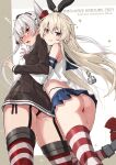  ! 2girls amatsukaze_(kancolle) ass black_hairband black_panties blonde_hair blue_sailor_collar blue_skirt breast_grab brown_dress cowboy_shot crop_top dress elbow_gloves garter_straps gloves grabbing grey_eyes hair_tubes hairband highleg highleg_panties highres hug hug_from_behind kantai_collection long_hair microskirt miniskirt multiple_girls panties red_legwear sailor_collar sailor_dress shimakaze_(kancolle) short_dress silver_hair skirt sleeveless smokestack_hair_ornament striped striped_legwear takanashi_kei_(hitsujikan) thighhighs two_side_up underwear white_gloves white_sailor_collar windsock 