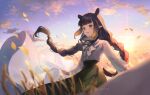  1girl :d bangs black_hair blue_sky blurry blurry_foreground braid brown_hair center_frills cloud commentary_request depth_of_field eyebrows_visible_through_hair frills gradient_hair green_skirt hololive hololive_english long_hair long_sleeves looking_away multicolored_hair ninomae_ina&#039;nis outdoors pointy_ears puffy_long_sleeves puffy_sleeves purple_eyes shinia shirt skirt sky smile solo sunset twin_braids twintails very_long_hair virtual_youtuber white_shirt 