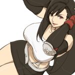  1girl black_hair black_skirt breasts crop_top elbow_gloves final_fantasy final_fantasy_vii gloves gus_(clarkii) large_breasts long_hair looking_at_viewer midriff open_mouth red_eyes simple_background skirt smile solo suspender_skirt suspenders tank_top tifa_lockhart white_background 