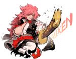  1girl amputee baiken breasts character_name cleavage eyepatch facial_mark guilty_gear guilty_gear_strive hair_between_eyes hair_over_one_eye highres huge_breasts japanese_clothes katana kimono large_breasts long_hair pink_hair ponytail red_eyes rope rope_belt sash scar scar_across_eye sheath sheathed simple_background solo ssambatea sword tied_hair upper_body weapon white_background 