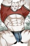  1boy abs animal_ears ao_(chung0u0) arms_behind_head bara blue_eyes blue_male_underwear blush bulge edging_underwear feet_out_of_frame furry furry_male highres jockstrap large_pectorals looking_at_viewer male_focus male_underwear mercenary_(zero_kara_hajimeru_mahou_no_sho) muscular muscular_male navel nipples no_pants open_clothes pectorals reward_available seductive_smile shrug_(clothing) sitting smile solo spread_legs stomach striped thick_thighs thighs tiger_boy tiger_ears underpec underwear white_fur white_hair zero_kara_hajimeru_mahou_no_sho 
