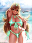  1girl absurdres areolae arm_up artist_name awesomeerix beach bikini blonde_hair breasts chest_jewel cleavage curvy glowing_clothes hand_on_hip highres large_breasts long_hair looking_at_viewer micro_bikini mythra_(xenoblade) navel side-tie_bikini smile solo standing stomach string_bikini swimsuit thigh_gap tiara xenoblade_chronicles_(series) xenoblade_chronicles_2 