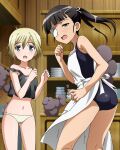  2girls apron artist_request ass black_hair blonde_hair blue_eyes blush breasts brown_eyes collarbone erica_hartmann eyepatch highres looking_at_viewer looking_back medium_breasts multiple_girls navel official_art open_mouth panties ponytail sakamoto_mio short_hair source_request strike_witches swimsuit tears underwear white_panties world_witches_series 