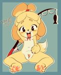  accessory animal_crossing anthro backup4now countershading female fishing_rod flat_chested fur genitals hi_res isabelle_(animal_crossing) nintendo nipples pawpads pussy ribbons sitting smile solo spread_legs spread_pussy spreading text video_games yellow_body yellow_fur 