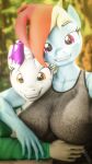  2021 3d_(artwork) absurd_res anthro anthrofied brown_eyes clothing digital_media_(artwork) embrace equid equine friendship_is_magic hair hasbro hi_res horn horse hug looking_at_viewer mammal multicolored_hair my_little_pony pony purple_eyes rainbow_dash_(mlp) rainbow_hair screw_(character) screwingwithsfm smile unicorn 