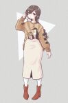 1girl alternate_costume animal_print beige_skirt bird boots braid brown_footwear brown_hair brown_sweater cocax_x full_body grey_background highres kantai_collection long_hair orange_eyes penguin single_braid solo souya_(kancolle) sweater triangle two-tone_background 
