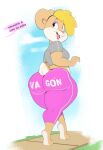  anthro big_butt blonde_hair butt clothed clothing eyes_back female hair hi_res invalid_background lagomorph leporid mammal mature_female overweight rabbit solo text thick thighs usnarbit 