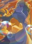  blue_eyes blurry bubble cloud commentary_request ham_(ha_inu_mu_0) highres no_humans open_mouth outdoors pokemon pokemon_(creature) primarina sky smile solo twilight 