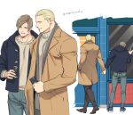  2boys back black_jacket blonde_hair blue_eyes blue_pants brown_coat brown_hair brown_pants brown_shirt can closed_mouth coat couple grey_scarf holding holding_can holding_hands hood hood_down hooded_jacket jack_krauser jacket leon_s._kennedy male_focus multiple_boys open_clothes open_coat open_jacket pants psmhbpiuczn resident_evil resident_evil_4 resident_evil_darkside_chronicles scarf shirt short_hair smile soda_can translation_request yaoi 