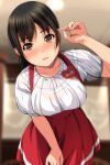  1girl absurdres bangs black_hair blurry blurry_background blush bra bra_visible_through_clothes breasts brown_eyes ceiling collarbone dress eyebrows_visible_through_hair highres large_breasts leaning_forward long_hair looking_at_viewer matsunaga_kouyou name_tag open_mouth original overall_skirt purple_eyes red_dress shirt teeth underwear uniform upper_teeth waitress white_bra white_shirt 