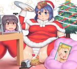  3girls bangs blonde_hair blue_eyes blue_hair blush breasts brown_hair cake character_request christmas christmas_tree commentary_request detached_sleeves eyebrows_visible_through_hair fat_step-sister_(orizen) food fruit green_eyes hair_between_eyes holding holding_plate looking_at_viewer medium_hair monitor multiple_girls on_ground open_mouth original orizen panties plate plump red_legwear shadow smile starry_background strawberry sweatdrop thick_thighs thighhighs thighs underwear webcam white_background white_panties 