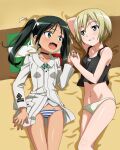  2girls artist_request bed blonde_hair blue_eyes blush erica_hartmann fang francesca_lucchini green_eyes green_hair groin hair_ornament hair_ribbon highres holding_hands multiple_girls navel official_art panties ribbon source_request strike_witches striped striped_panties tank_top twintails underwear white_panties world_witches_series yuri 