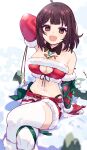  1girl :d ahoge arm_behind_head arm_support arm_up atelier_(series) atelier_sophie bangs black_panties bow braid breasts brown_eyes brown_hair cleavage cleavage_cutout clothing_cutout commentary_request crossed_legs elbow_gloves eyebrows_visible_through_hair fang feet_out_of_frame fur-trimmed_gloves fur-trimmed_shorts fur_trim gloves green_bow highleg highleg_panties highres medium_breasts navel panties red_gloves red_shorts ryuuno6 short_shorts shorts smile snow solo sophie_neuenmuller thighhighs underwear white_legwear 