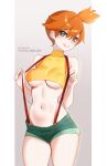  1girl breasts closed_mouth green_eyes green_shorts grey_background highres looking_at_viewer medium_breasts misty_(pokemon) orange_hair patreon_username pokemon short_hair shorts smile solo suspender_shorts suspenders tofuubear underboob 