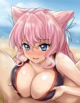  1boy 1girl bangs beach bikini black_bikini blue_eyes blush breast_squeeze breasts cloud collarbone eyebrows_visible_through_hair flower hair_flower hair_ornament implied_paizuri large_breasts long_hair maria_cadenzavna_eve ocean pink_hair r-binon senki_zesshou_symphogear sidelocks sky smile solo_focus swimsuit upper_body 