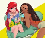  2girls ariel_(disney) armchair bangs bare_arms bare_legs bare_shoulders beige_background beige_shorts bent_over blouse blue_eyes brown_eyes brown_hair chair character_doll closed_mouth clothes_writing collarbone cup curly_hair dark-skinned_female dark_skin eyelashes fingernails flounder_(the_little_mermaid) food fork green_shorts holding holding_cup holding_food holding_fork ice_cream ice_cream_cone knees_together_feet_apart light_blush lips long_hair looking_at_viewer looking_back moana_(movie) moana_waialiki multiple_girls off_shoulder on_chair orange_tank_top pano_(mohayayamai) purple_blouse red_hair red_lips red_nails shorts side-tie_shirt simple_background sitting smile smirk spaghetti_strap stuffed_animal stuffed_fish stuffed_toy swept_bangs tank_top the_little_mermaid thick_eyelashes tongue tongue_out two-tone_background very_long_hair wavy_hair wreck-it_ralph yellow_background yellow_nails 