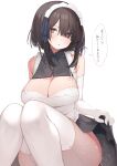  1girl bangs bare_shoulders black_skirt blue_ribbon blush breasts brown_eyes brown_hair cleavage commentary_request elbow_gloves eyebrows_visible_through_hair eyes_visible_through_hair garter_straps gloves hair_over_one_eye hair_ribbon highres knees_together_feet_apart large_breasts long_hair looking_at_viewer maid_headdress original parted_lips ribbon shirt simple_background sinnop10 sitting skirt solo speech_bubble thighhighs translation_request wet white_background white_gloves white_legwear white_shirt 