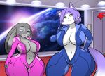  2021 anthro big_breasts blue_body blue_fur blue_hair bodysuit breasts canid canine cleavage_cutout clothing curvy_figure detailed_background digital_media_(artwork) disney duo eyelashes female fingers fox fur green_eyes grey_body grey_fur hair hand_on_hip hayakain hourglass_figure huge_breasts judy_hopps krystal lagomorph leporid long_ears long_tail looking_at_viewer mammal multicolored_body multicolored_fur navel nintendo open_suit purple_eyes rabbit short_hair short_tail skinsuit smile space standing star_fox teeth thick_thighs tight_clothing two_tone_body two_tone_fur video_games voluptuous white_body white_fur wide_hips zipper zootopia 
