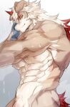  1boy abs animal_ears ao_(chung0u0) arknights bangs bara brown_fur completely_nude dog_boy dog_ears flaccid from_side furry furry_male highres horns hung_(arknights) long_hair looking_at_viewer male_focus multicolored_hair muscular muscular_male navel nipples nude orange_eyes orange_hair out-of-frame_censoring pectorals reward_available seductive_smile shower_(place) showering single_horn smile solo stomach two-tone_fur underpec wet white_fur white_hair 
