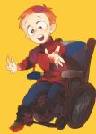  1boy be_(ronironibebe) brown_eyes open_mouth orange_hair outstretched_arms red_sweater short_hair sitting smile solo south_park sweater timmy_burch wheelchair wide-eyed yellow_background 