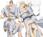  2boys bara barefoot bed blonde_hair blue_kimono blush brown_hair carrying closed_eyes closed_mouth couple hug jack_krauser japanese_clothes kimono large_pectorals leon_s._kennedy looking_at_another lying male_focus messy_hair multiple_boys muscular muscular_male on_back on_bed open_clothes open_kimono pectorals pillow princess_carry psmhbpiuczn resident_evil resident_evil_4 resident_evil_darkside_chronicles sash short_hair simple_background sleeping sleeping_on_person smile translation_request yaoi 