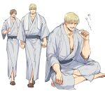  2boys bara barefoot blonde_hair blue_kimono blush brown_hair closed_eyes closed_mouth food holding holding_food indian_style jack_krauser japanese_clothes kimono leon_s._kennedy male_focus messy_hair multiple_boys muscular muscular_male open_mouth psmhbpiuczn resident_evil resident_evil_4 resident_evil_darkside_chronicles sash short_hair simple_background sitting slippers smile towel towel_around_neck translation_request 