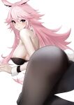  1girl animal_ears ass black_leotard blush breasts commentary_request detached_collar fox_ears highres honkai_(series) honkai_impact_3rd large_breasts leotard long_hair messy_hair pink_hair playboy_bunny purple_eyes rabbit_tail solo strapless strapless_leotard tail task_baron very_long_hair wrist_cuffs yae_sakura 