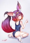  \n/ absurdres animal_ear_fluff animal_ears blush boppin breasts eyebrows_visible_through_hair eyes_visible_through_hair fox_ears fox_girl fox_tail from_behind hatsuse_izuna highres looking_at_viewer looking_back medium_hair multicolored_hair no_game_no_life no_shoes orange_hair pink_eyes pink_hair purple_hair school_swimsuit signature simple_background sitting small_breasts socks soles swimsuit tail wariza white_legwear 