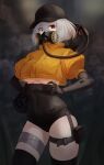  1girl absurdres angdo_(kakajo26) baseball_cap belt_pouch black_gloves black_headwear black_legwear black_shorts breasts contrapposto covered_navel cowboy_shot crop_top crop_top_overhang elbow_gloves gas_mask gloves hair_between_eyes hands_on_hips hat high_collar highres looking_at_viewer mask medium_breasts micro_shorts mole mole_under_eye original oxygen_mask oxygen_tank pouch puffy_sleeves red_eyes shirt short_hair short_sleeves shorts smoke solo standing thigh_strap thighhighs thighs tube underboob white_hair yellow_shirt 
