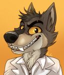  2021 anthro black_nose bust_portrait canid canine canis clothed clothing digital_media_(artwork) dress_shirt eyebrows fangs fur grey_body grey_fur grin hi_res looking_at_viewer male mammal meoxie mr._wolf_(the_bad_guys) portrait shirt smile solo teeth the_bad_guys toothy_grin topwear wolf yellow_eyes 