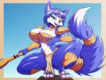  2021 anthro armor arskatheman big_breasts blue_body blue_fur bottomwear bra breasts canid canine choker clothed clothing female fox fur headgear hi_res holding_object holding_staff jewelry krystal loincloth looking_at_viewer mammal markings necklace nintendo pauldron signature simple_background smile solo staff star_fox thick_thighs tribal tribal_markings underwear video_games 