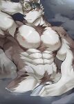  1boy abs ainu_clothes alternate_pectoral_size animal_ears ao_(chung0u0) arm_behind_head armpits bara biceps chest_hair covering furry furry_male grey_fur grey_hair headband highres horkeu_kamui large_pectorals male_focus male_pubic_hair multicolored_hair muscular muscular_male navel nipples nude_cover onsen partially_submerged pectorals penis penis_peek pubic_hair reward_available short_hair silver_hair solo stomach tokyo_afterschool_summoners two-tone_fur two-tone_hair wet white_fur wolf_boy wolf_ears yellow_eyes 