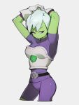  1girl armor arms_up bodysuit cheelai colored_skin dragon_ball dragon_ball_super dragon_ball_super_broly gloves green_skin grey_background kemachiku looking_to_the_side purple_bodysuit purple_eyes short_hair simple_background solo white_gloves white_hair 