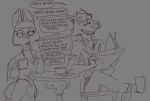  anthro beverage canid canine canis clothing coffee coffee_mug dialogue diane_foxington dreamworks dress duo eyewear female fox glasses male mammal mr._wolf_(the_bad_guys) newspaper sitting sketch speech_bubble tabuley the_bad_guys wolf 