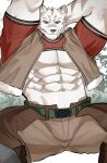  1boy abs animal_ears ao_(chung0u0) arms_behind_head bara blue_eyes brown_pants bulge feet_out_of_frame furry furry_male highres jacket large_pectorals looking_at_viewer male_focus mercenary_(zero_kara_hajimeru_mahou_no_sho) muscular muscular_male navel open_clothes open_jacket pants pectorals reward_available seductive_smile shrug_(clothing) sitting smile solo spread_legs stomach thick_thighs thighs tiger_boy tiger_ears underpec white_fur white_hair zero_kara_hajimeru_mahou_no_sho 