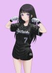  1girl bangs baseball_uniform black_hair blush breasts carlo_montie chitanda_eru clenched_hands commentary commission english_commentary eyebrows_visible_through_hair gloves highres hyouka long_hair looking_at_viewer purple_background purple_eyes simple_background smile solo sportswear white_gloves 