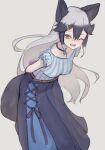  alternate_costume animal_ears arms_behind_back belt blue_shirt blue_skirt casual don3 eyebrows_visible_through_hair fox_ears fox_girl fox_tail frilled_sleeves frills grey_hair hair_between_eyes hair_ornament hairclip jewelry kemono_friends kemono_friends_3 long_hair long_skirt multicolored_hair necklace one_eye_closed orange_eyes pleated_skirt shirt short_sleeves sidelocks silver_fox_(kemono_friends) silver_hair skirt striped striped_shirt tail two-tone_shirt two-tone_skirt white_shirt 