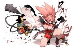  1girl amputee baiken bandages breasts cannon chain character_name cleavage club_(weapon) eyepatch facial_mark guilty_gear guilty_gear_strive huge_breasts japanese_clothes kanabou katana kimono kneeling large_breasts long_hair pink_hair pinkboy ponytail red_eyes rope rope_belt sandals sash scar scar_across_eye sheath sheathed simple_background solo sword thick_thighs thighs tied_hair tiptoes toes weapon white_background wind wind_lift 