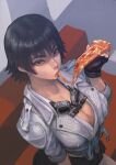  1girl absurdres black_hair breasts cirenk cleavage cropped_jacket devil_may_cry_(series) devil_may_cry_5 eating fingerless_gloves food from_above gloves goggles goggles_around_neck heterochromia highres jacket lady_(devil_may_cry) looking_at_viewer pizza pizza_slice scar scar_on_face short_hair sitting solo white_jacket 
